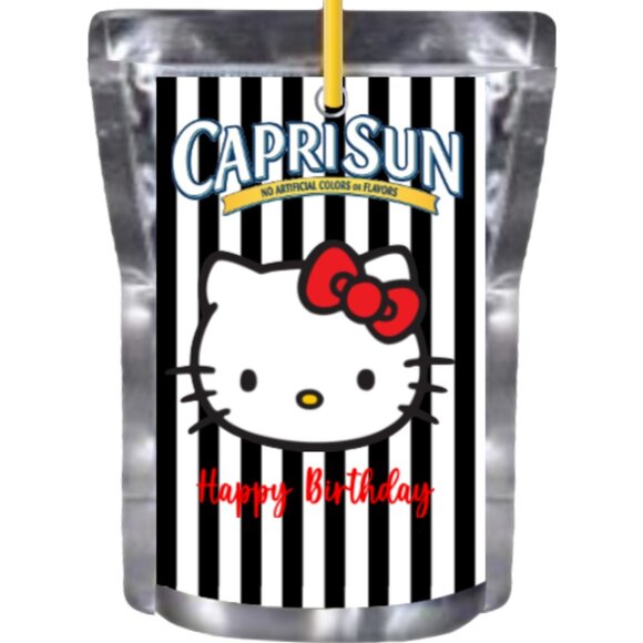 Custom Kitty Birthday Edition Juice Pouche Labels, Black and White Striped 12pcs - Picture 1 of 4